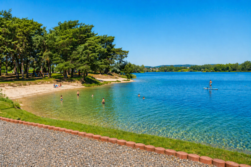Kryspinów Reservoir in summer with a sandy beach and clear blue water