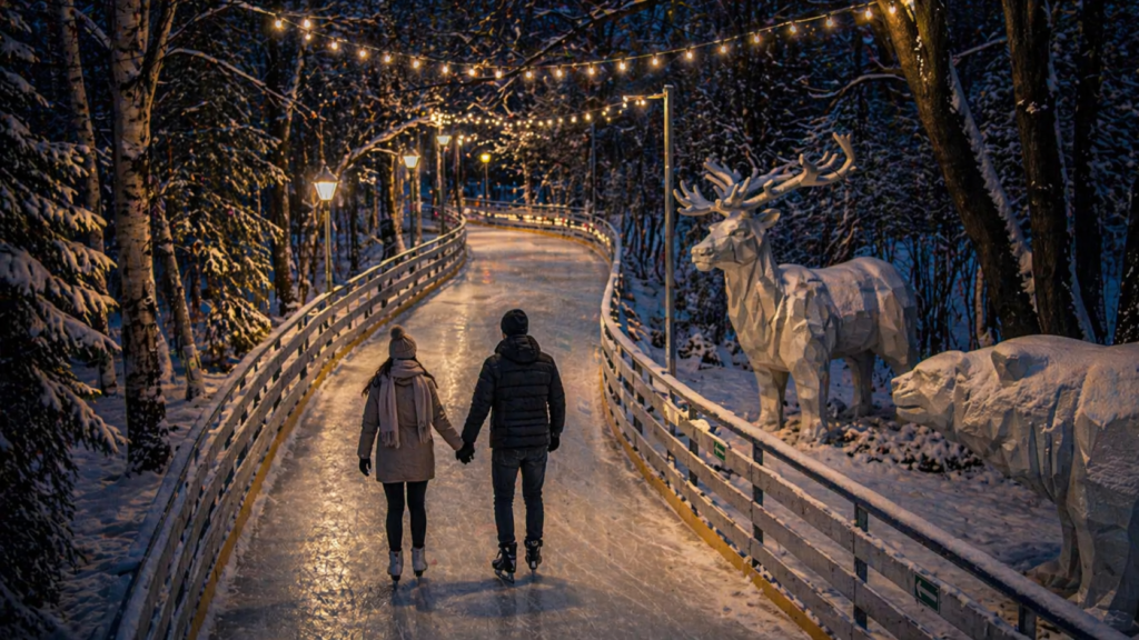 Jordan Park in winter with an ice rink and festive atmosphere