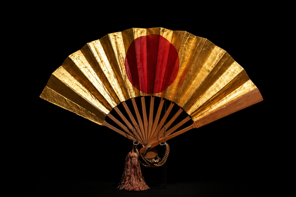 Japanese-style decorative folding fan with gold panels and red circle displayed against a black background