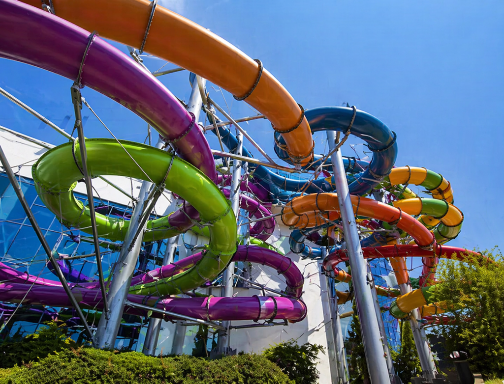 Colorful outdoor water slides in Krakow water park, viewed from a low angle beneath the structure, showing twisting tubes against a blue sky
