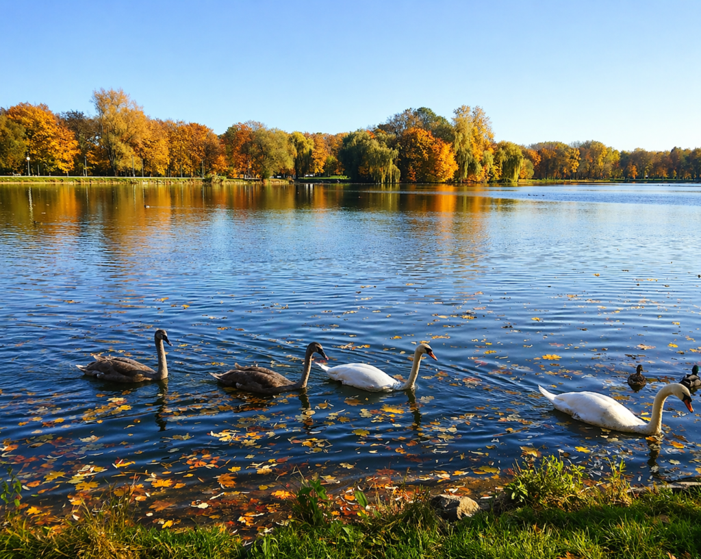 Swans swimming on Nowa Huta Lagoon in Krakow, surrounded by autumn trees reflected in calm water