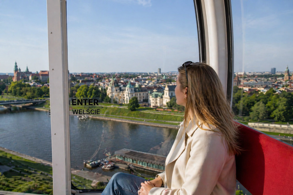Adult woman sitting inside a Krakow Eye gondola, looking out over the Vistula River and Wawel Castle with a panoramic city view in natural daylight