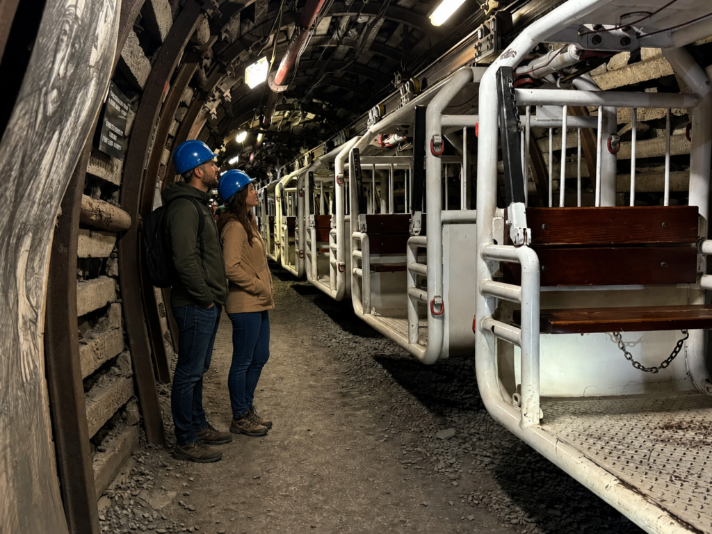 Visitors standing beside the underground mining railway inside Guido Coal Mine in Zabrze, exploring historic tunnels deep below ground.