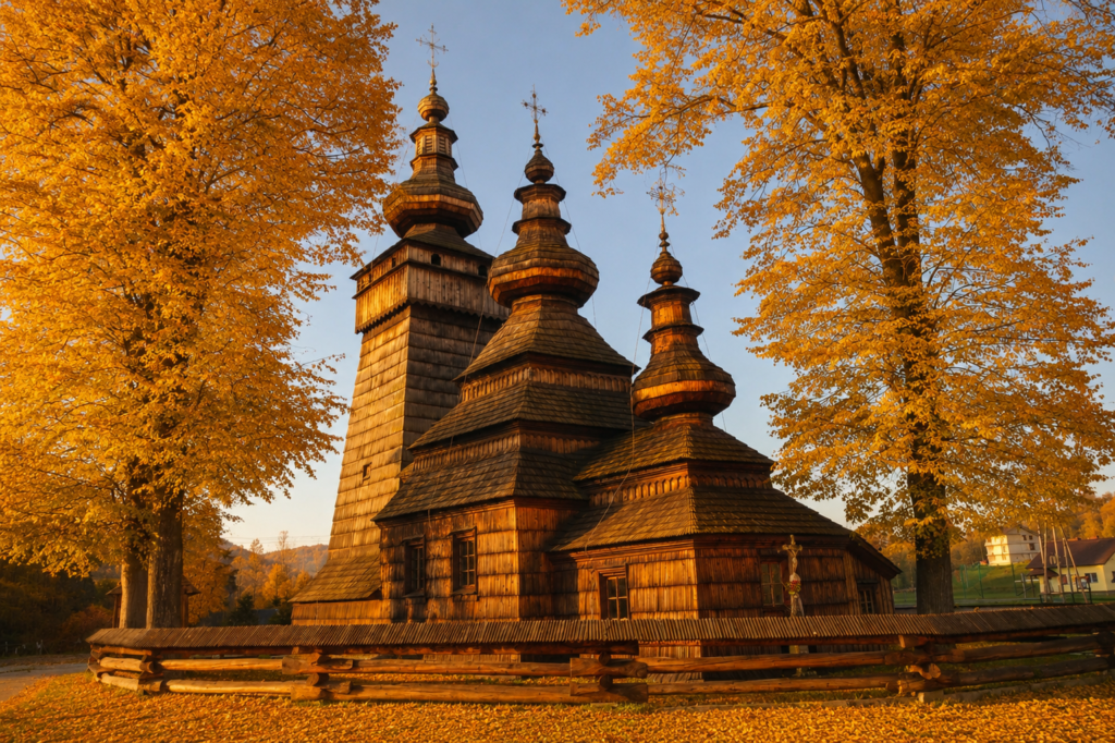 Historic wooden church surrounded by golden autumn trees on the Wooden Architecture Route in southern Poland.