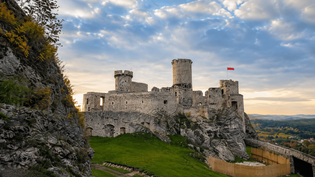 Ruins of Ogrodzieniec Castle on the Trail of the Eagles’ Nests, surrounded by rocky cliffs and dramatic countryside views in southern Poland.