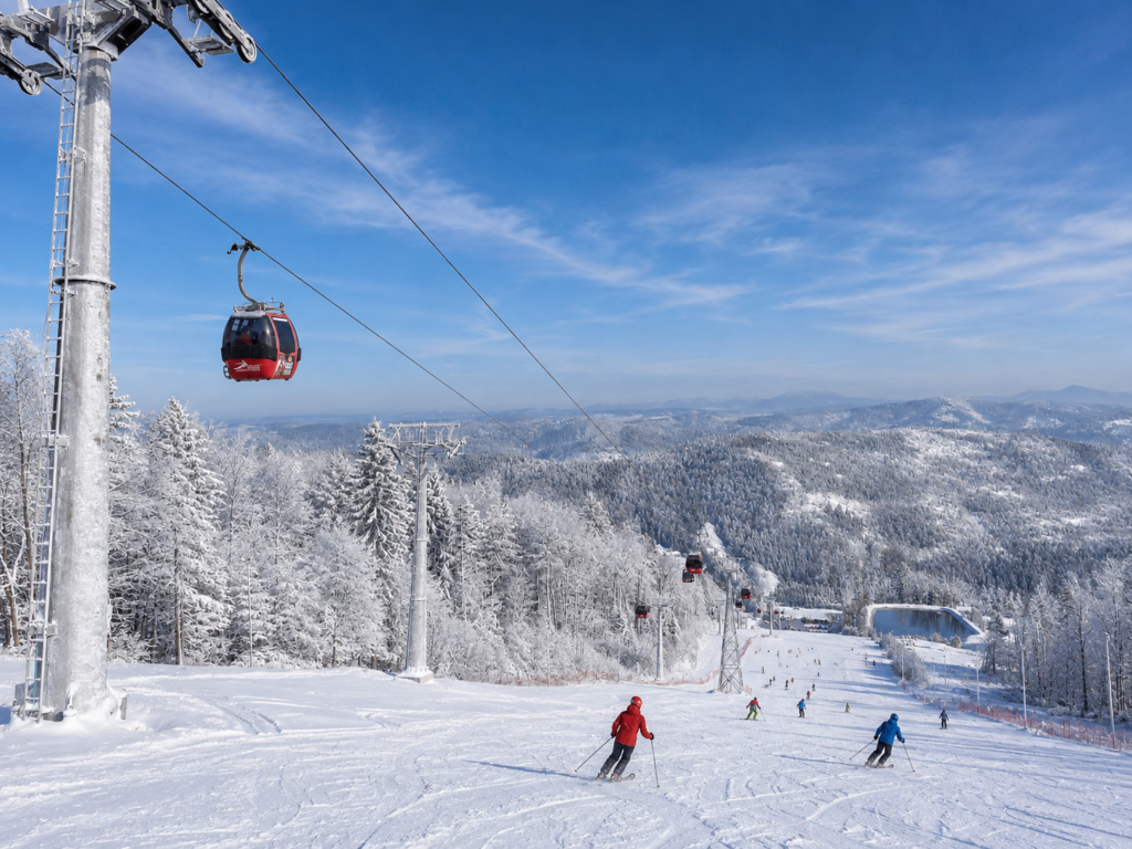 Skiers on the snowy slopes of Jaworzyna Krynicka with gondola lift and mountain views in southern Poland.