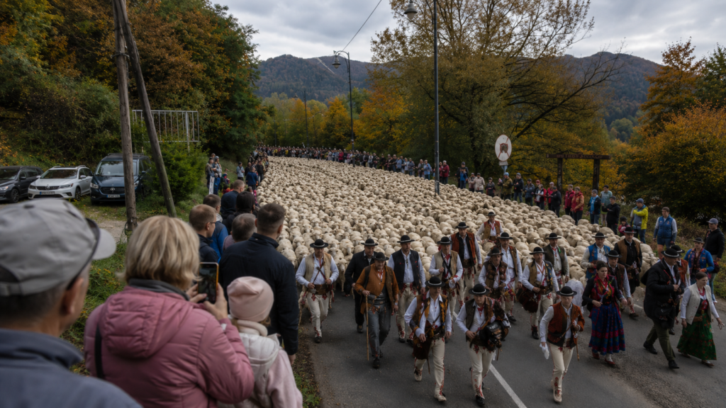Traditional sheep grazing procession during the autumn redyk in Szczawnica in the Pieniny Mountains.